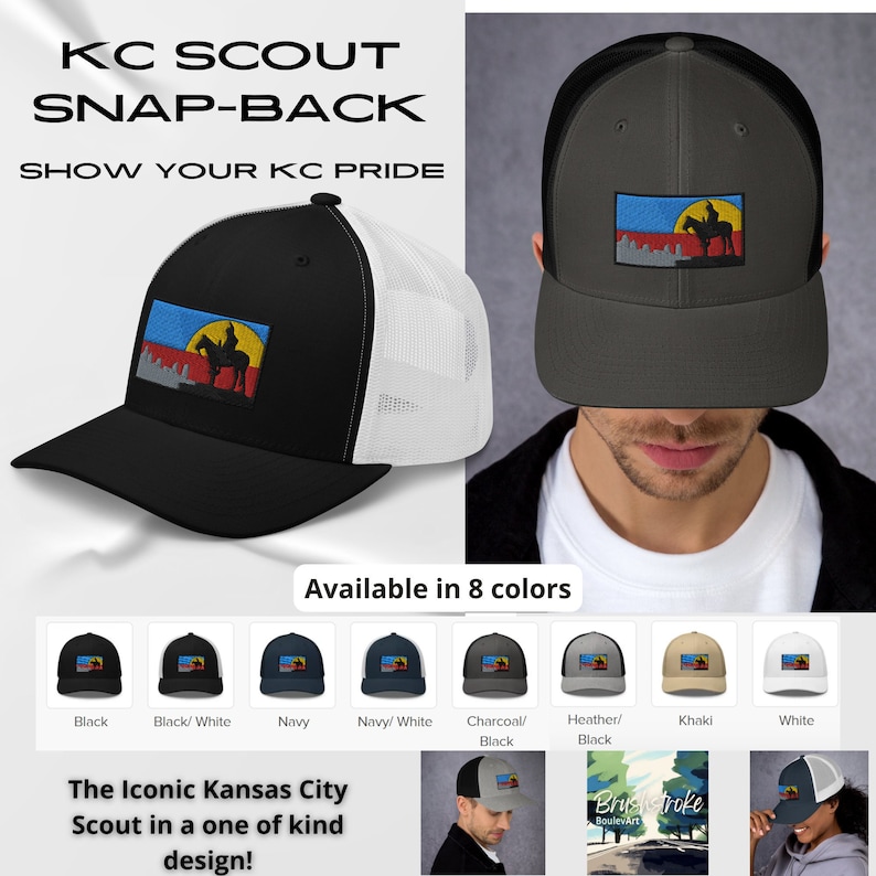 May include: A black and white baseball cap with a mesh back. The front of the cap features a colorful embroidered patch with a silhouette of a person riding a horse. The text "KC SCOUT SNAP-BACK SHOW YOUR KC PRIDE" is displayed above the cap. The cap is available in eight colors.