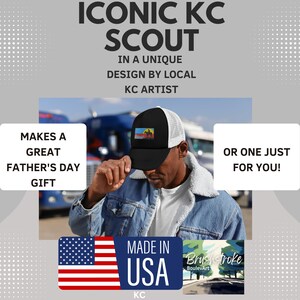 May include: A black and white trucker hat with a red, white, and blue graphic of a city skyline. The hat has a white mesh back and the text "Iconic KC Scout" is printed on a white background. The text "Made in USA" is printed on a red, white, and blue American flag. The text "Brushstroke BoulevArt" is printed on a green, blue, and white graphic of a city street.