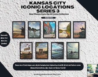 May include: A collection of eight framed photographs showcasing iconic locations in Kansas City. The photos feature various landmarks, including a fountain, a bridge, a river, and a statue of a rider on horseback. The text "Kansas City Iconic Locations Series 3" is displayed at the top of the image.