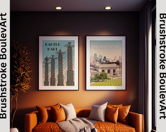 May include: Two framed vintage travel posters in a living room setting. The poster on the left features a black and white illustration of the Bartle Hall building with the text "Bartle Hall". The poster on the right features a colorful illustration of the Union Station building with the text "Union Station".