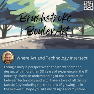 May include: A blue and green watercolor painting of a road with trees on either side. The text "Brushstroke Bouler Art" is written in black cursive on the road. The text "Where Art and Technology Intersect..." is written in black text on a blue background. Below the text is a paragraph of text about the artist's background and their love of art and technology.