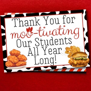Obrigado por motivar nossos alunos, etiqueta de agradecimento a professores, etiqueta de vale-presente Chick-fil-A, etiqueta de agradecimento, agradecimento a funcionários, Chick-fil-A