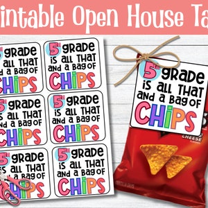 Dat alles en een zak chips opendeurdag cadeaukaartjes, opendeurdagen schoolcadeaukaartjes, elementaire opendeurdag, zak chips cadeaulabel, afdrukbare tag