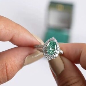 3 CT Green Pear Moissanite Ring: Floral Halo, Solid Gold Engagement Ring