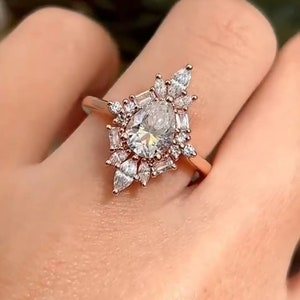 Floral 3 CT Pear Cut Moissanite Diamond Engagement Ring, Ice Crushed Pear Cut Wedding Ring, Multi Diamond Ring Anniversary Gift Ring