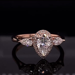3 CT Pear Moissanite Ring: Three Stone Engagement Ring, Solid Gold