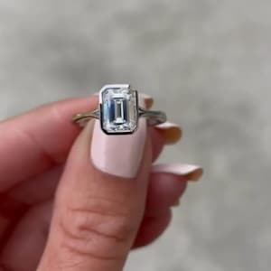 Ice Crushed 3 CT Emerald Cut Moissanite Diamond Ring Bezel Setting Ring 10K 14K 18K Solid White Yellow and Rose Gold Engagement Ring