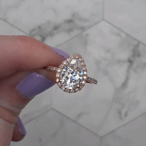3 CT Pear Cut Moissanite Ring: 14K Rose Gold Hidden Halo Engagement Ring