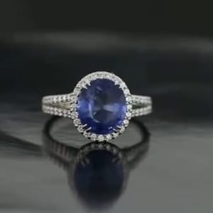 4 CT Blue Sapphire Oval Diamond Ring: Dual Band, 14K Gold Engagement Ring