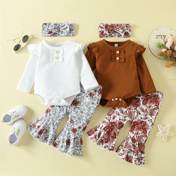 Winter Baby Kids Unisex Long Sleeves Vintage Floral Pattern Vest and Pants Clothing Set