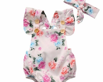 Baby Girls Floral Bodysuit Girl Jumpsuit Short Sleeveless Clothes Bodysuit+ Headband Sunsuit Baby Kids Outfit Newborn 2Pcs Set