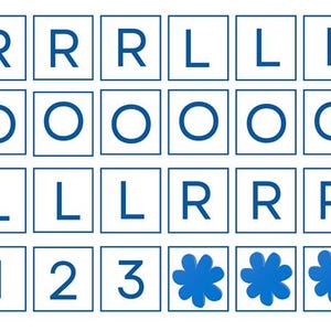 May include: A grid of blue squares with white borders. The squares contain the letters R, L, and the numbers 1, 2, and 3, along with blue flower shapes. The letters and numbers are in a dark blue font.