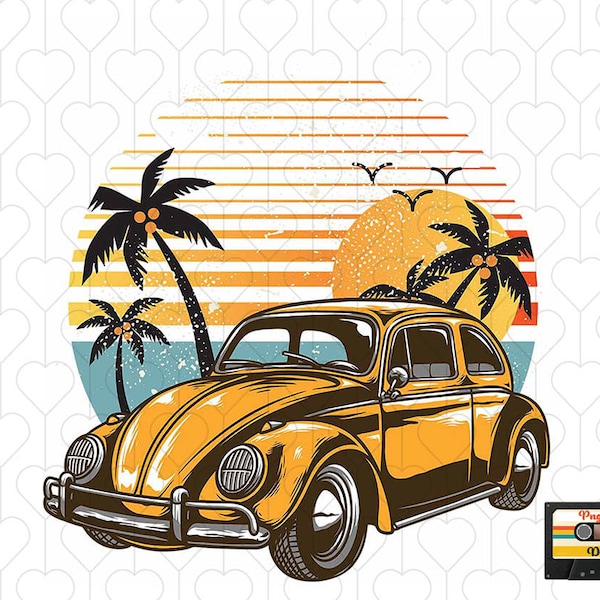 Volkswagen beetle car in tropical vintage clipart