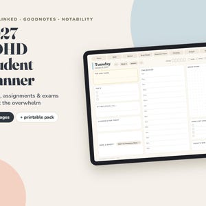 Puede incluir: Un planificador estudiantil digital 2027 para TDAH mostrado en una pantalla de tableta. La interfaz presenta un horario diario, franjas horarias y listas de tareas con pestañas de navegación. El texto incluye 2027 ADHD Student Planner, Classes, assignments & exams without the overwhelm, 460+ pages y + printable pack.