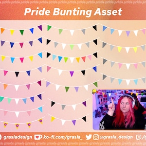 以下が含まれることがあります： 様々な色の組み合わせでできたプライドフラッグのガーランドのデジタルイラスト。ガーランドは、赤、オレンジ、黄色、緑、青、藍色、紫など、さまざまな色の三角形の旗で構成されています。ガーランドは、上部に「プライドバンティングアセット」というテキストが書かれたピンクの背景に表示されています。画像には、ピンクの髪とマイクを持った人の小さな画像も含まれており、ソーシャルメディアのハンドルとリンクも表示されています。