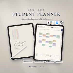 Könnte beinhalten: Ein digitaler Studentenplaner für 2026-2027 auf zwei Tablets mit einem Eingabestift. Das Cover zeigt vertikale Pastellstreifen und den Text "STUDENT PLANNER classes, deadlines and a life in between". Der zweite Bildschirm zeigt einen Wochenplan.