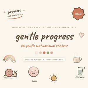 Könnte beinhalten: Ein digitales Sticker-Paket mit 80 motivierenden Stickern in sanfter Ästhetik. Der Text umfasst progress not perfection, done!, gentle progress, 80 gentle motivational stickers, instant download, transparent png, happy und drink water.