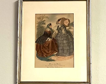 Vintage 1940s Handgemalte Pariser Mode Lithographie ""Miroir des Modes"" IABC Druck - Passepartout & Gerahmt 33 x 40 cm"