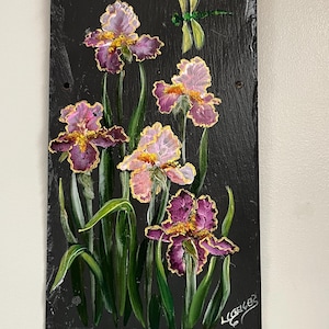 Vintage Hand Painted Colorful Floral Purple Iris and Dragonfly on Black Slate Tile - Signed