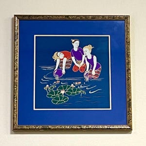 Vintage Thai Art Silk Painting Goldfish Lilli pad Pond Unsigned FRAMED Cobalt Blue