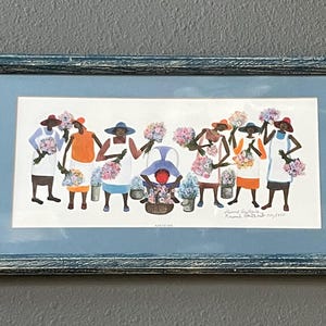 May include: Framed art print featuring a group of figures holding bouquets of flowers. The figures are wearing hats, aprons, and dresses in various colors. The artwork is framed in a blue-gray wooden frame.
