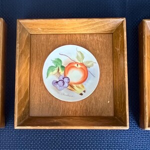 Juego de 3 platos pequeños de porcelana pintados a mano, enmarcados, de estilo MCM, con motivos de naturaleza muerta, firmados por "Andrea" / Circa 1950, Japón.