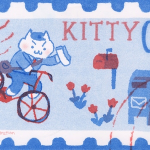 Kitty Postman Mailbox Delivery Postage Stamp Risograph Print 10.75" x 6"