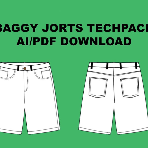 Streetwear Baggy Jean Shorts Jorts Denim Template Vector Mock Up, Tech Pack, Y2K, Adobe Illustrator, Procreate, PNG, Create Your Own Design