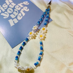 Bead Daisy Phone Charm, Seed Bead Phone Chain, Blue Bead Phone Charm, Handmade Phone Charm