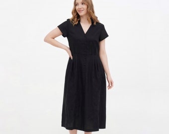 Black linen dress Floral embroidered shirt dresses for women with lace, seam pockets, additional belt