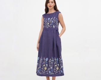 Women's formal party dress with embroidery. Purple linen dress