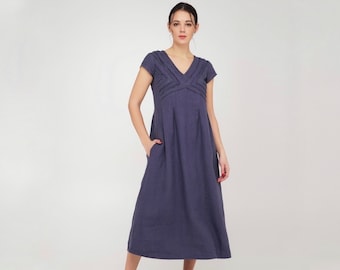 V-neck linen midi dress with side pockets