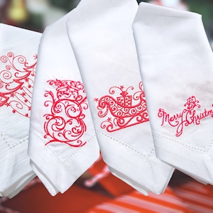 Christmas Napkin Set #3, Embroidered, Cloth Napkins, Cotton, Hostess Gift, Holiday