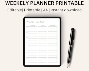 Minimalistisk veckoplanerare, redigerbar mallsida utskrivbar digital nedladdning, veckoschema, vecka i korthet, veckoarrangör,