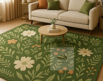 Moss Green Floral Wool Rug: Hand-Tufted Botanical Carpet