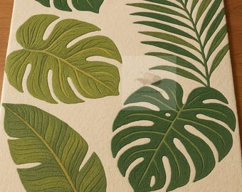 Hand Tufted Wool Rug, Green Monstera Leaf Botanical Carpet