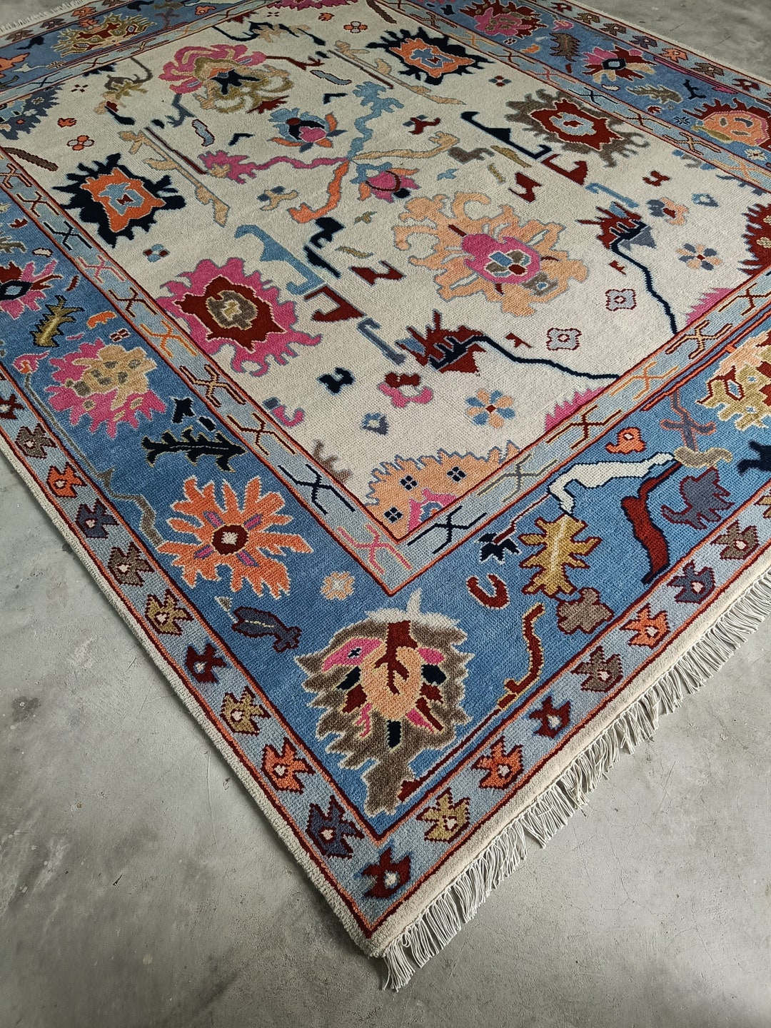 Hand Knotted Wool Oushak Rug: 9x12 Light Pink & Blue Floral Design - Etsy