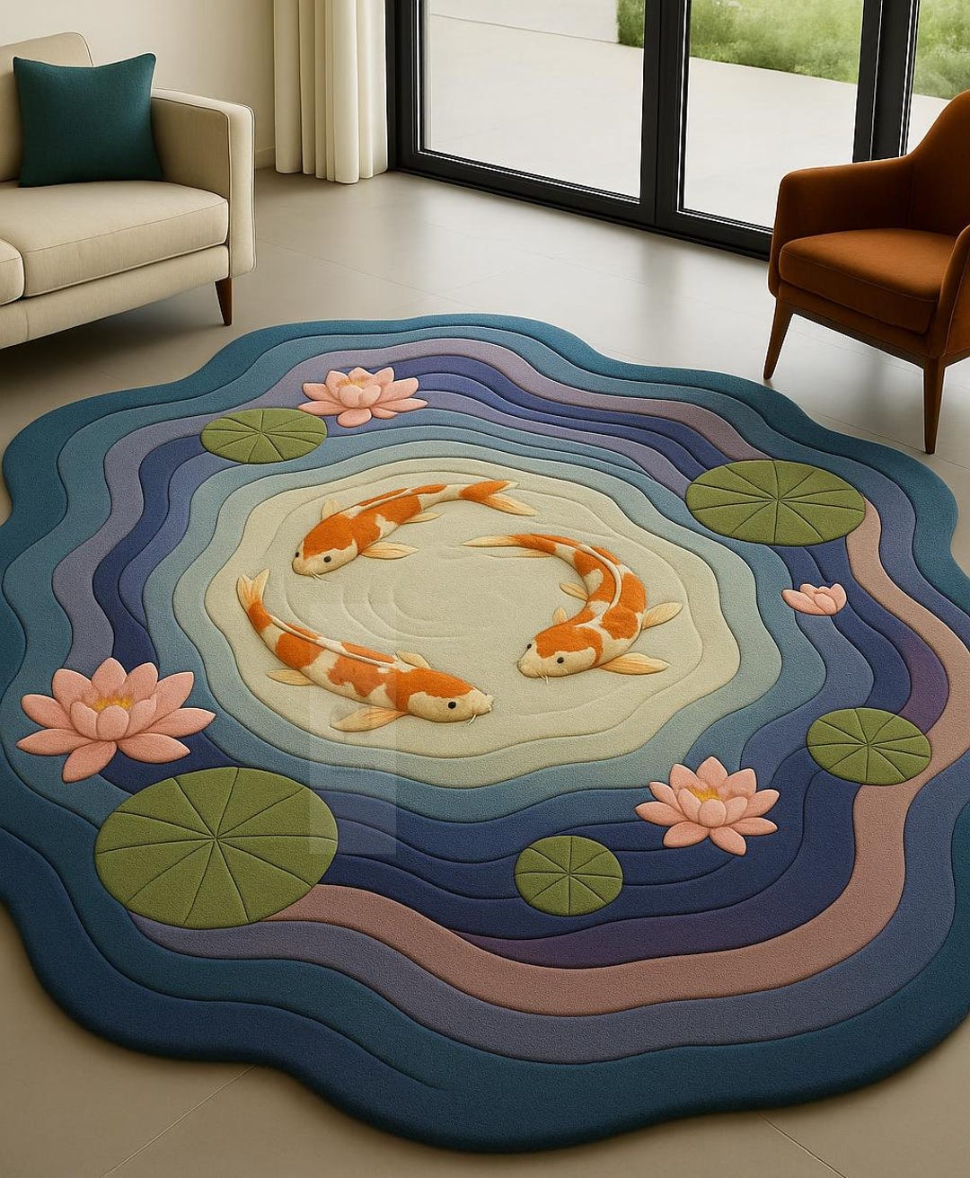 Handmade Koi Fish Pond Rug, Lotus Flower Carpet - Etsy