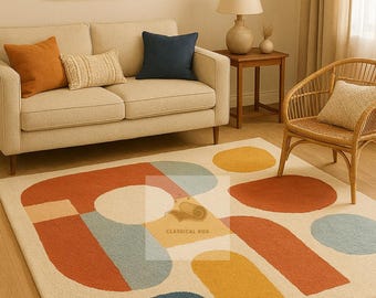 Hand-Tufted Wool Rug, Mid-Century Modern Geometric Design