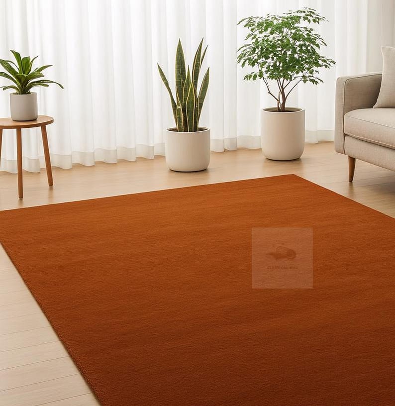 Solid Color Hand Tufted Wool Rug, Minimalist Rust Brown Area Rug ...