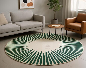 Alfombra redonda de lana tejida a mano, diseño de rayos de sol verdes