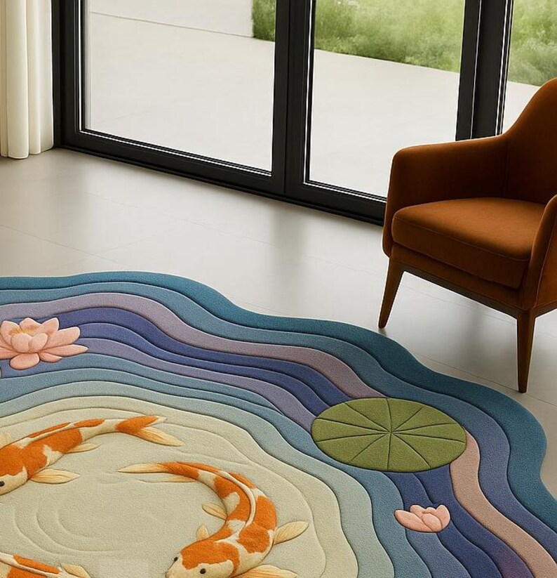 Pond Rug Design Handmade Koi Fish Pond Rug, Lotus Flower Carpet - Etsy