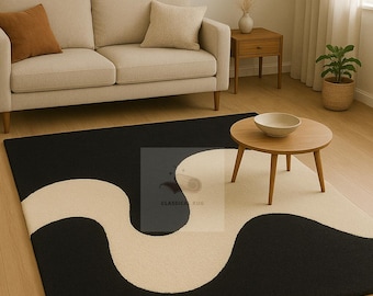 Handgetuft wollen vloerkleed: zwart-wit abstract artistiek tapijt