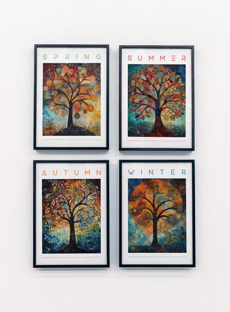 Set of 4 Seasonal Tree of Life Wall Art Set Natureinspired Home Decor Tree of Life Artwork