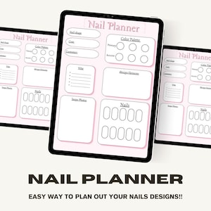 May include: A digital planner template for nail designs. The template includes sections for nail shape, color palette, design elements, inspiration photos, and a space to draw out the nail design.