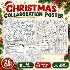 Op de afbeelding: Een kerst-samenwerkingsposter-set met een grote kleurplaat met vakantie-iconen zoals de kerstman, een boom en cadeaus, plus de tekst Spread Joy. Bevat 24 individuele leerlingstukken, een instructieblad en een genummerde gids.