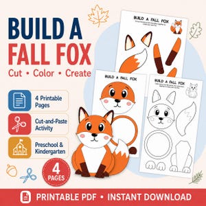 Può includere: Un set di attività in PDF stampabile intitolato BUILD A FALL FOX con quattro pagine da ritagliare, colorare e creare. Il set include un esempio di volpe a colori e modelli in bianco e nero con parti del corpo della volpe, orecchie e code.