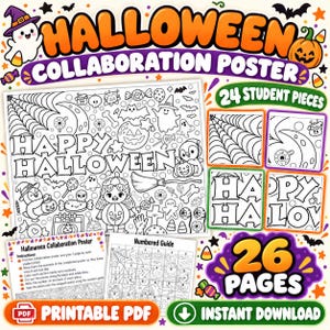 May include: A Halloween collaboration poster activity set featuring 24 student pieces that combine to form a large Happy Halloween coloring page. Includes a numbered guide, instructions, and 26 total printable PDF pages with ghosts, pumpkins, and candy illustrations.