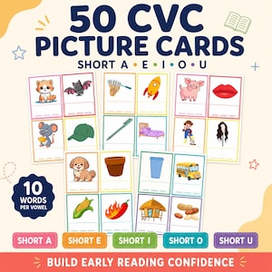 Puede incluir: Un conjunto de 50 tarjetas ilustradas CVC con imágenes para los sonidos de vocales cortas A, E, I, O y U. Las tarjetas muestran ilustraciones coloridas de animales, objetos y comida con líneas en blanco debajo para practicar la escritura.