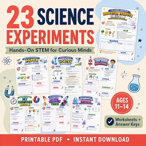 May include: A collection of 23 science experiment worksheets featuring titles like Momentum Transfer Collision, Paper Airplane Test, Tornado in a Bottle, Lung Model Breathing, DIY Compass Needle, Color Shadow Trick, and Sugar Crystal Growth.